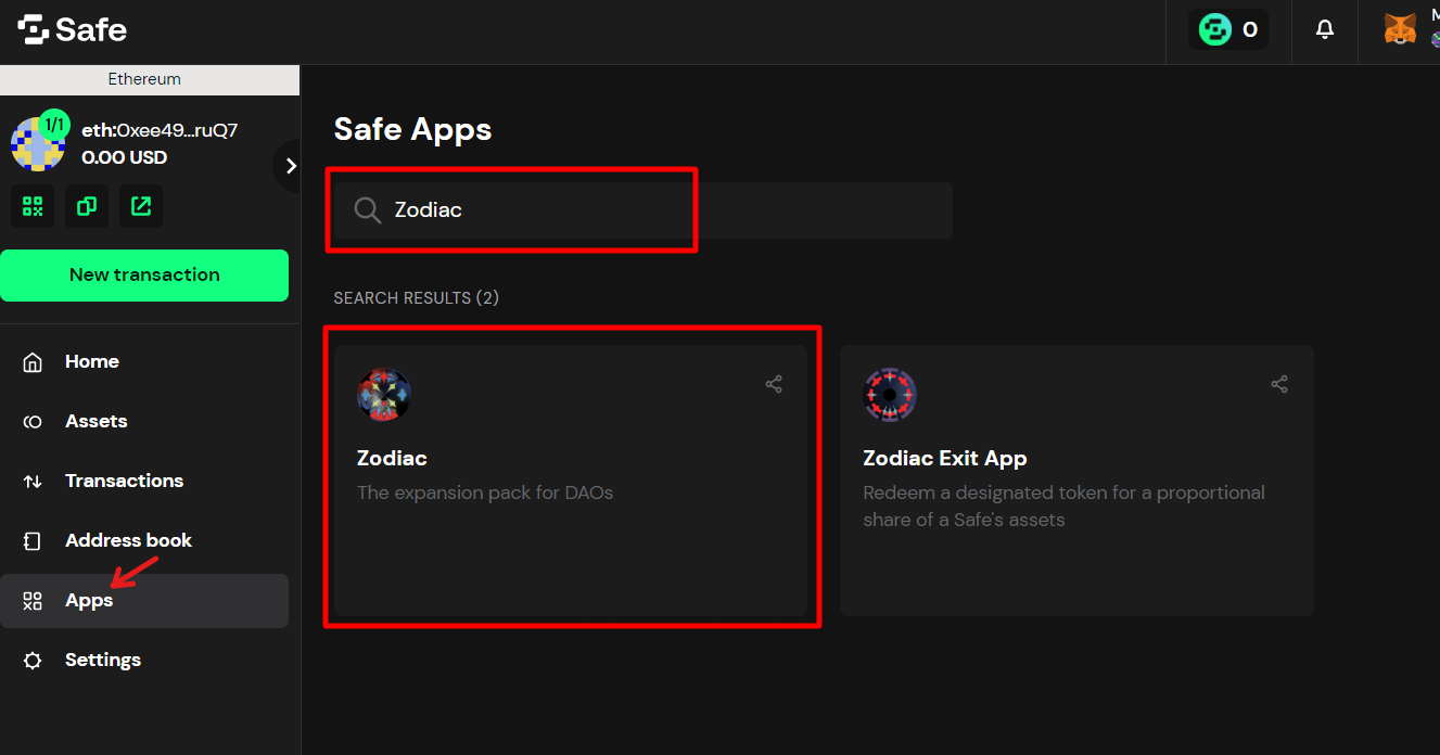 Finding the Zodiac Safe app within the Apps page