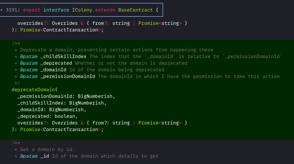 An example for a permissioned method that was newly added: deprecateDomain